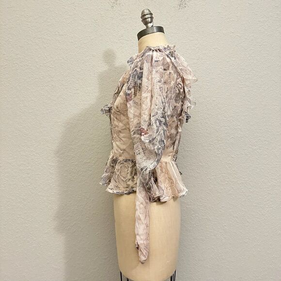 KARLIE Sheer Snakeskin Print Ruffled Blouse Batwing/Flutter Sleeve in Cream - Picture 5 of 12